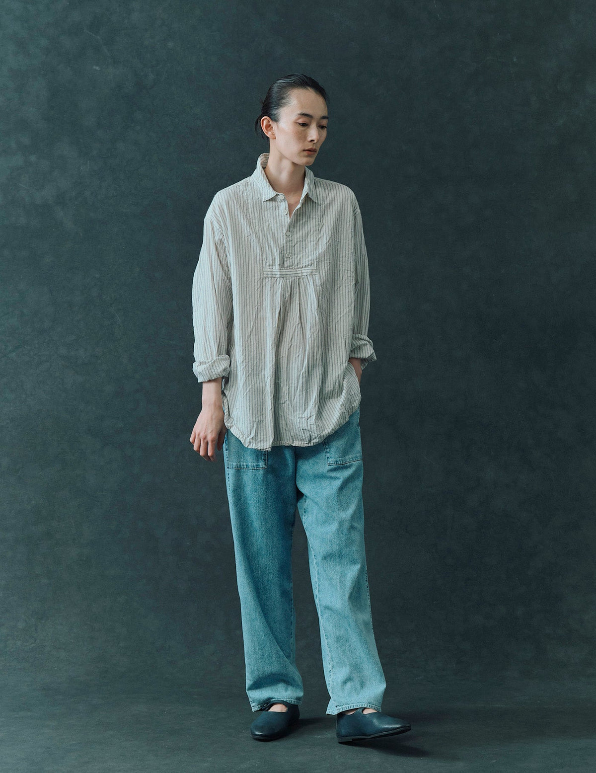 綿麻ストライプワッシャー プルオーバーシャツ