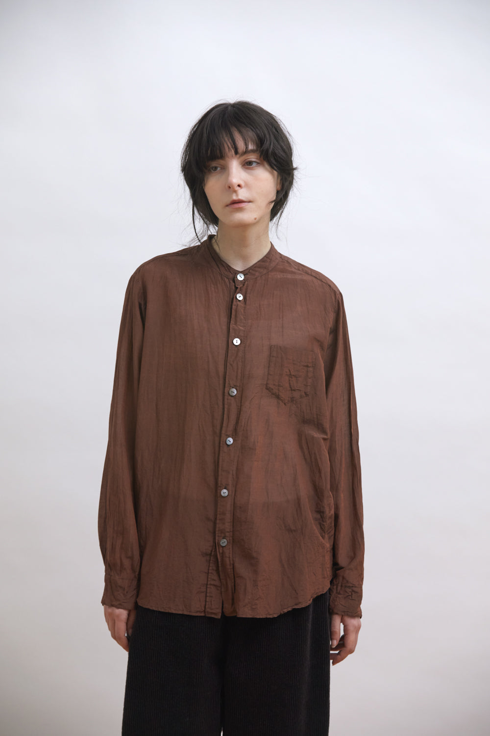 コットンシルクローン バンドカラーシャツ